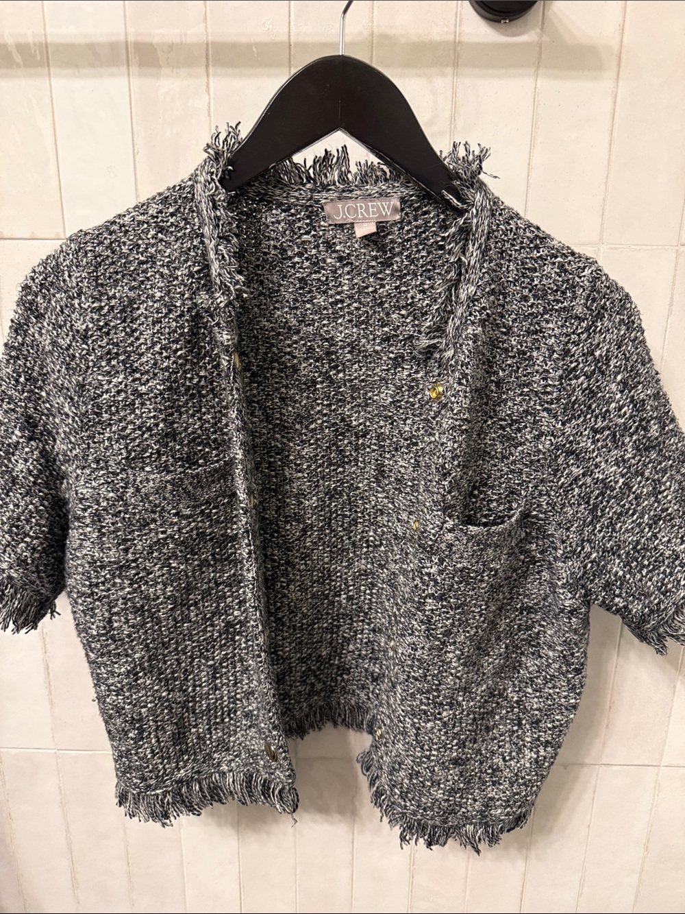 J. Crew Black & White Textured Fringe Short Cardigan